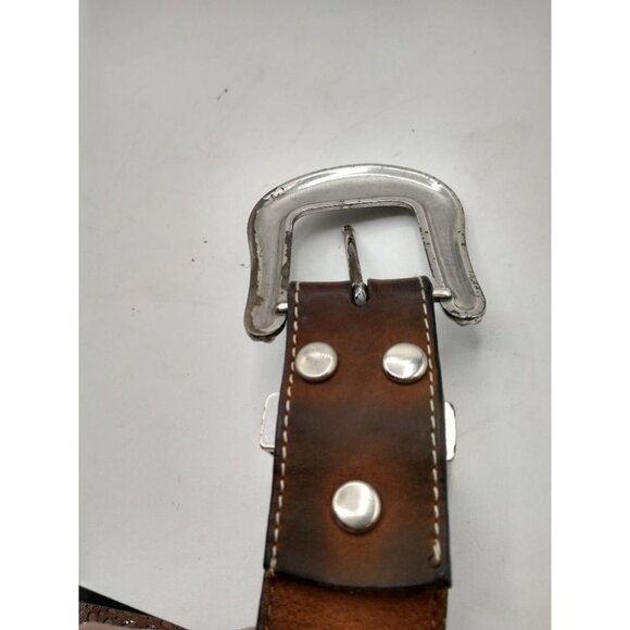 Nocona Western Embroidered Brown Leather Belt With Ornate Silver Buckle & Rhines - Picture 6 of 10